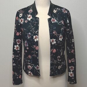 Zara Basic Floral Print Blazer Sz Sm Faux Leather Trim Black Cropped Jacket